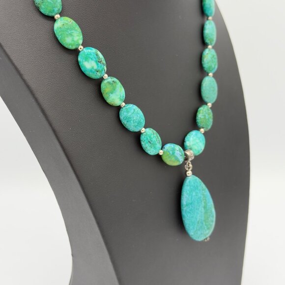 Vintage Stauer Sterling Silver Chrysocolla Pendant Necklace Green Aqua Drop 20"L - Picture 3 of 13